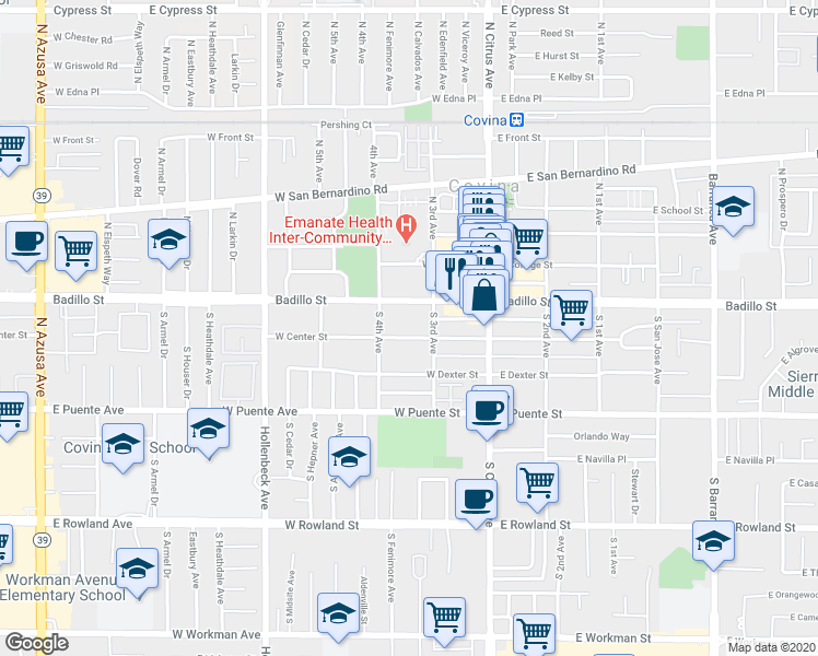 map of restaurants, bars, coffee shops, grocery stores, and more near 256 West Badillo Street in Covina