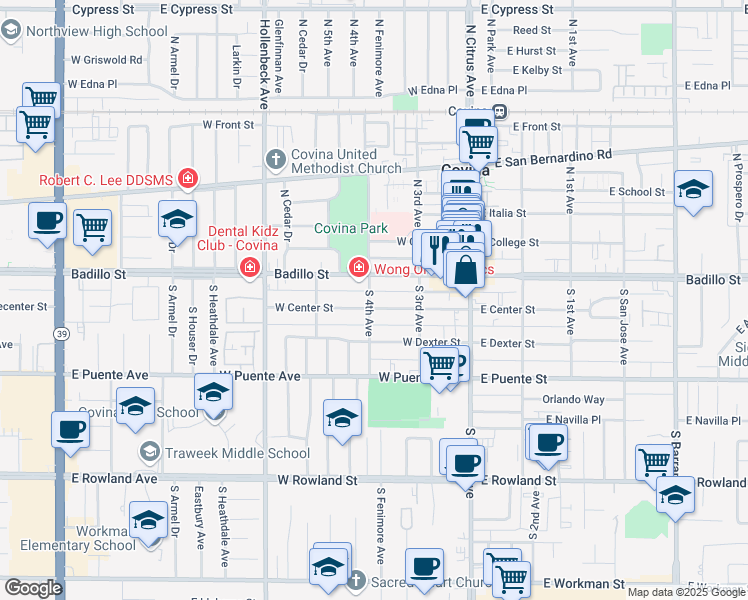 map of restaurants, bars, coffee shops, grocery stores, and more near 256 West Badillo Street in Covina