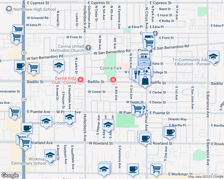 map of restaurants, bars, coffee shops, grocery stores, and more near 338 Badillo Street in Covina