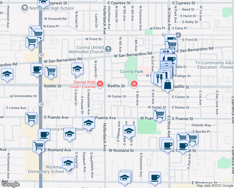 map of restaurants, bars, coffee shops, grocery stores, and more near 410 West Badillo Street in Covina