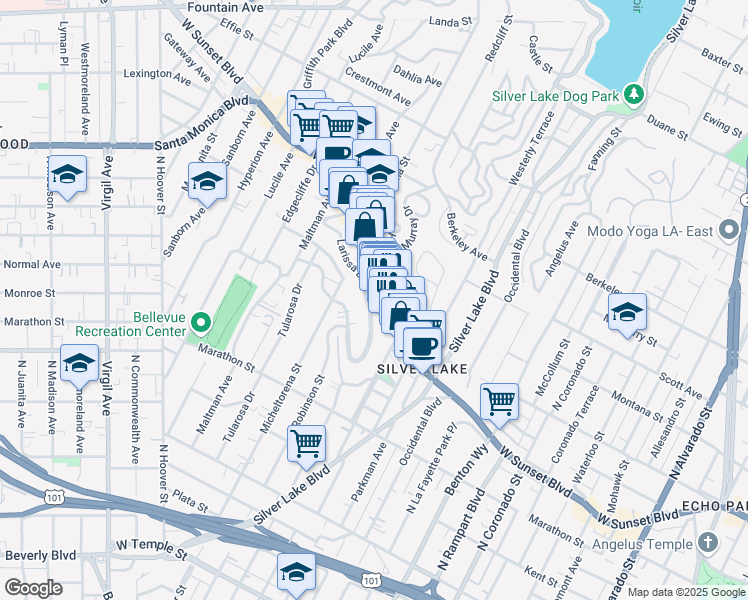 map of restaurants, bars, coffee shops, grocery stores, and more near 3204 Sunset Boulevard in Los Angeles