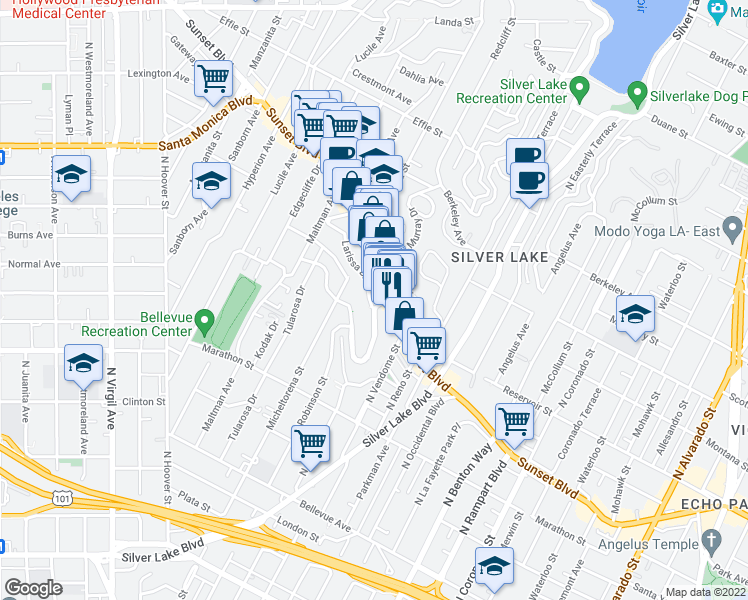map of restaurants, bars, coffee shops, grocery stores, and more near 3204 Sunset Boulevard in Los Angeles