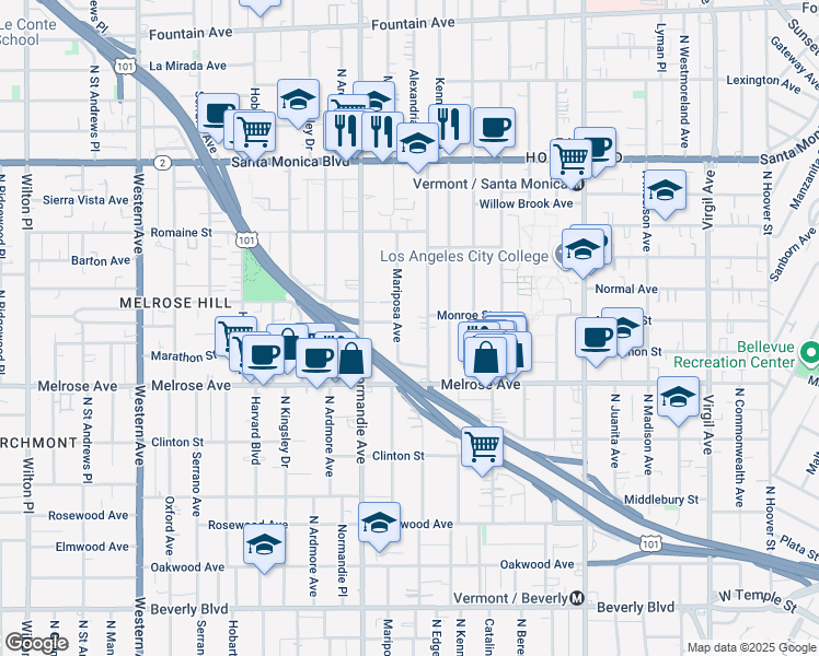 map of restaurants, bars, coffee shops, grocery stores, and more near 850 North Mariposa Avenue in Los Angeles