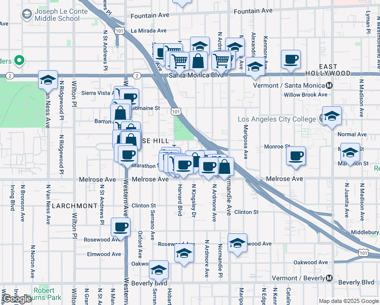 map of restaurants, bars, coffee shops, grocery stores, and more near 848 North Harvard Boulevard in Los Angeles