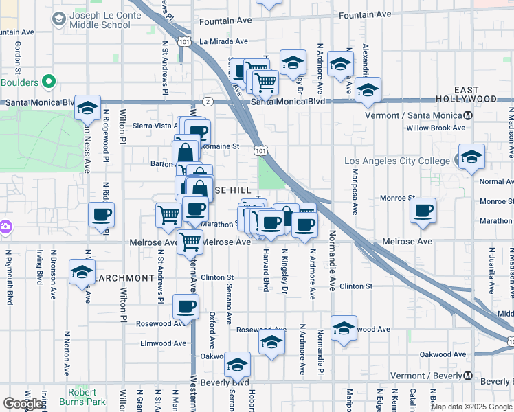 map of restaurants, bars, coffee shops, grocery stores, and more near 850 North Hobart Boulevard in Los Angeles