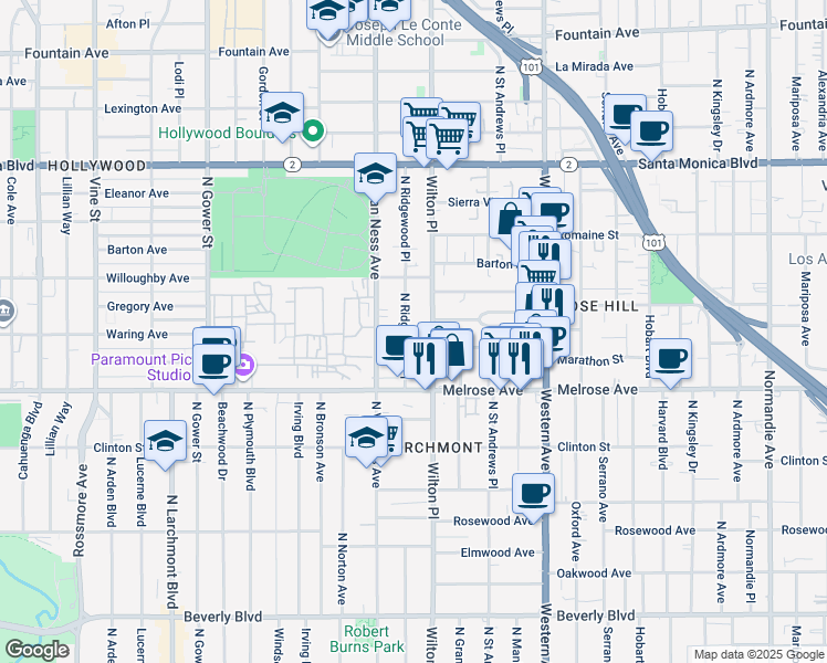 map of restaurants, bars, coffee shops, grocery stores, and more near 825 North Wilton Place in Los Angeles