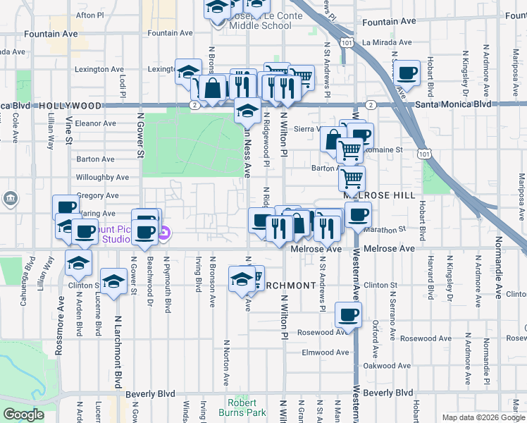 map of restaurants, bars, coffee shops, grocery stores, and more near 818 North Van Ness Avenue in Los Angeles