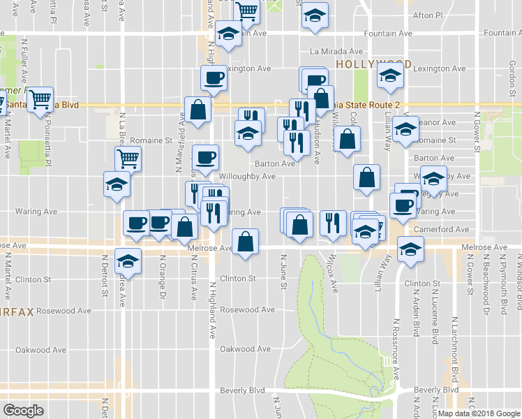 map of restaurants, bars, coffee shops, grocery stores, and more near 822 North Cherokee Avenue in Los Angeles