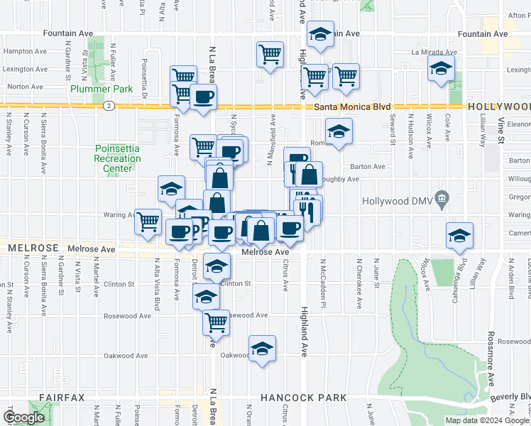 map of restaurants, bars, coffee shops, grocery stores, and more near 823 North Mansfield Avenue in Los Angeles