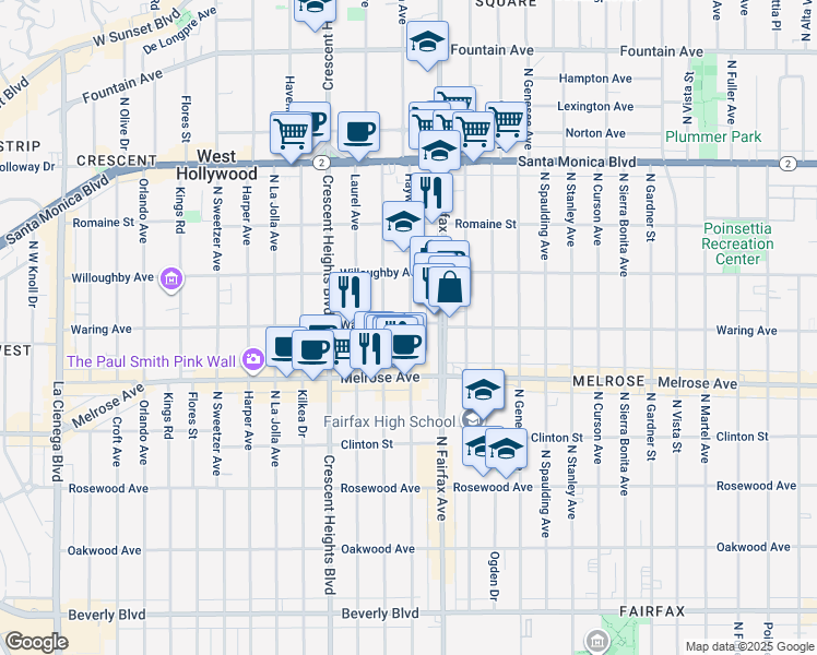 map of restaurants, bars, coffee shops, grocery stores, and more near 812 North Edinburgh Avenue in Los Angeles