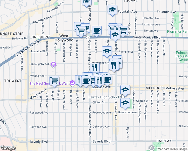 map of restaurants, bars, coffee shops, grocery stores, and more near 817n Laurel Avenue in Los Angeles