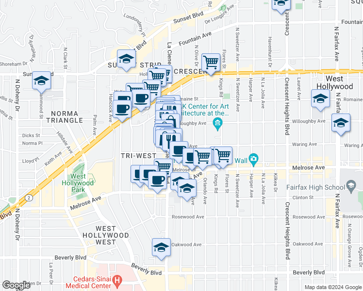 map of restaurants, bars, coffee shops, grocery stores, and more near 821 North Alfred Street in Los Angeles