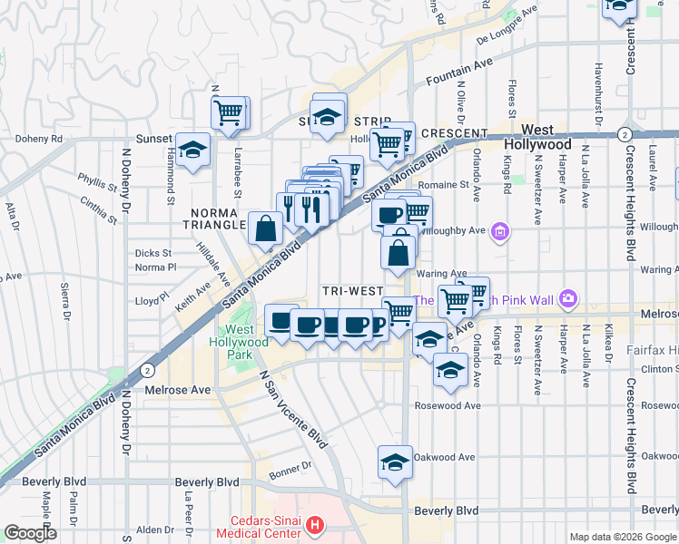 map of restaurants, bars, coffee shops, grocery stores, and more near 833 Westbourne Drive in West Hollywood