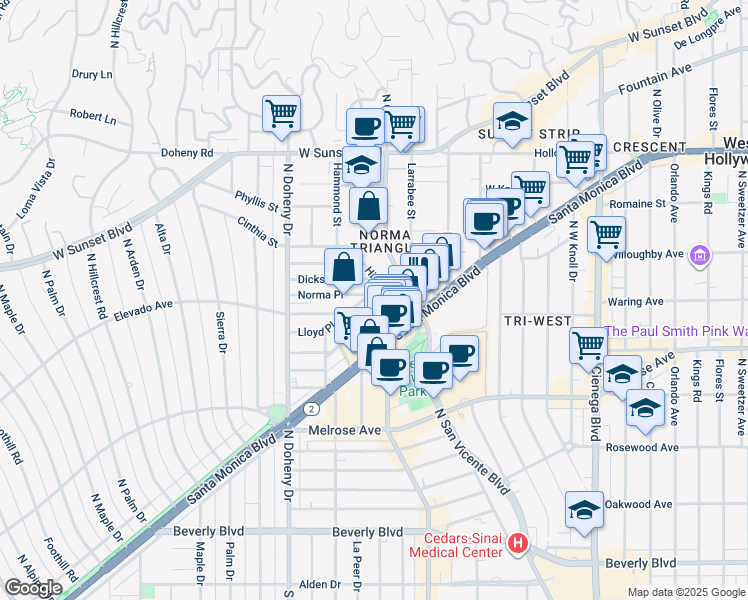 map of restaurants, bars, coffee shops, grocery stores, and more near 855 Hilldale Avenue in West Hollywood