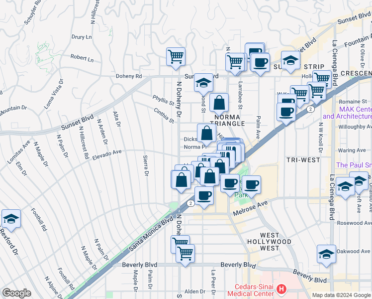 map of restaurants, bars, coffee shops, grocery stores, and more near 9036 Dicks Street in West Hollywood