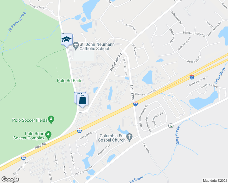 map of restaurants, bars, coffee shops, grocery stores, and more near 751 Mallet Hill Road in Columbia