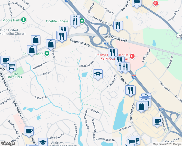 map of restaurants, bars, coffee shops, grocery stores, and more near 26 Saddleback Ledge Court in Irmo