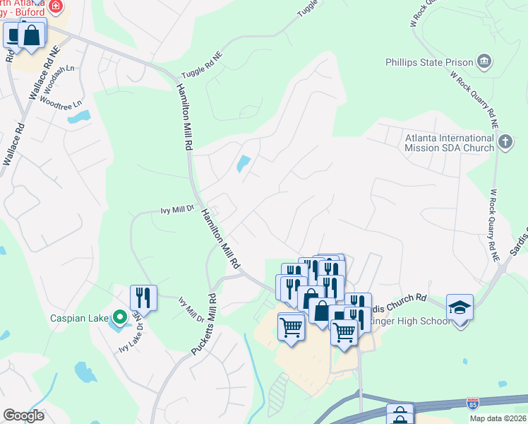 map of restaurants, bars, coffee shops, grocery stores, and more near 2689 Cascade Cove Drive in Buford