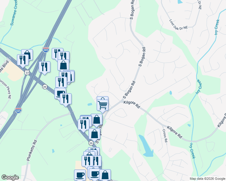 map of restaurants, bars, coffee shops, grocery stores, and more near 2065 Rock Creek Road in Buford