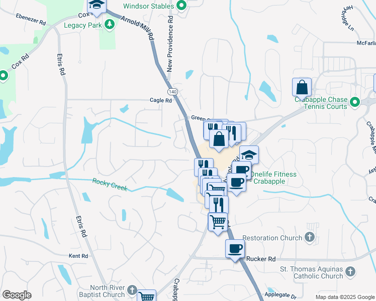 map of restaurants, bars, coffee shops, grocery stores, and more near 2040 Birchdale Drive in Alpharetta