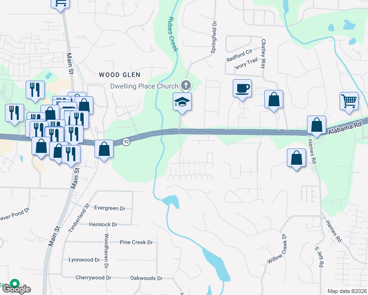 map of restaurants, bars, coffee shops, grocery stores, and more near 722 Stonecroft Lane in Woodstock