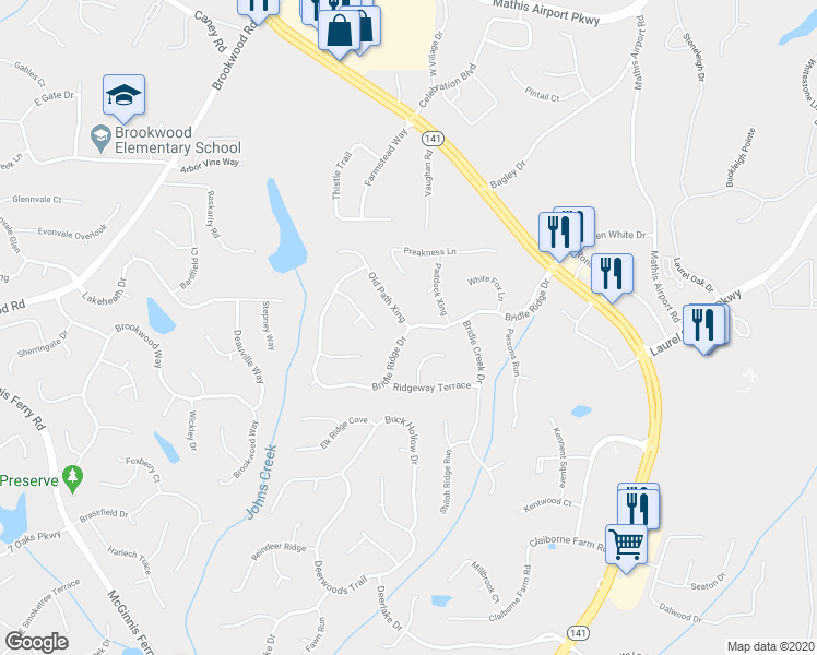 map of restaurants, bars, coffee shops, grocery stores, and more near 3675 Old Path Crossing in Suwanee