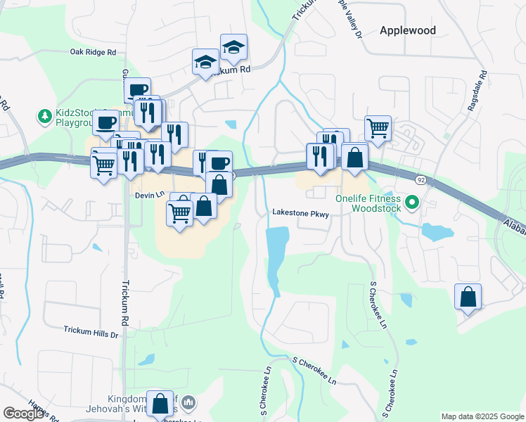 map of restaurants, bars, coffee shops, grocery stores, and more near 410 Lakestone Drive in Woodstock
