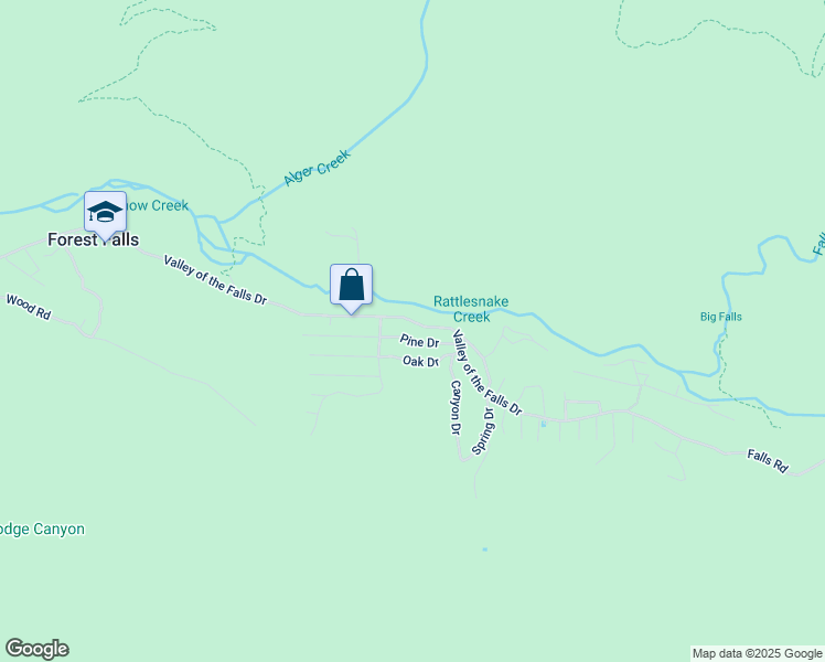 map of restaurants, bars, coffee shops, grocery stores, and more near 41099 Valley of the Falls Drive in Forest Falls