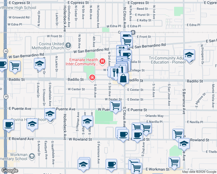 map of restaurants, bars, coffee shops, grocery stores, and more near 137 South 3rd Avenue in Covina