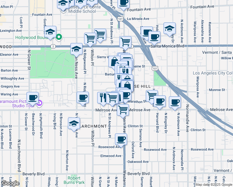 map of restaurants, bars, coffee shops, grocery stores, and more near 5326 La Cresta Court in Los Angeles