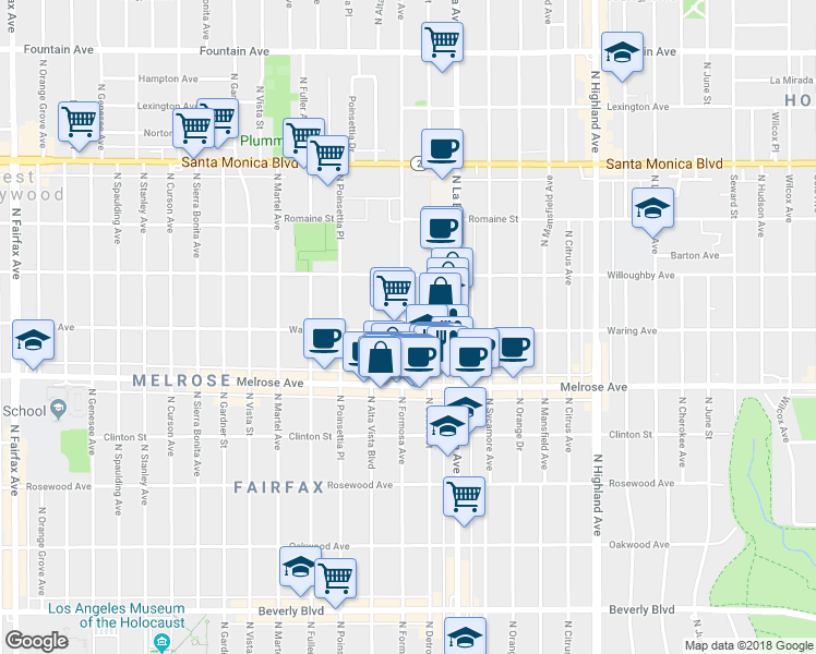 map of restaurants, bars, coffee shops, grocery stores, and more near 2 North Formosa Avenue in Los Angeles