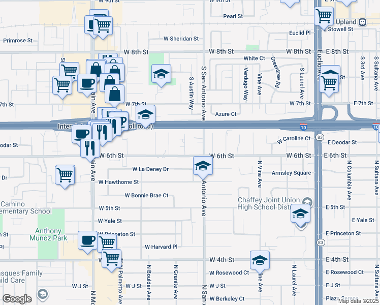 map of restaurants, bars, coffee shops, grocery stores, and more near 740 West 6th Street in Ontario