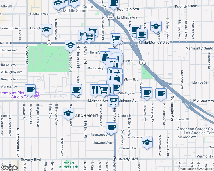 map of restaurants, bars, coffee shops, grocery stores, and more near 5326 La Cresta Court in Los Angeles