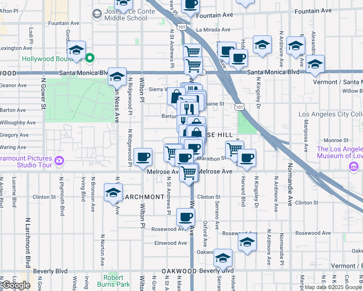 map of restaurants, bars, coffee shops, grocery stores, and more near 5318 La Cresta Court in Los Angeles