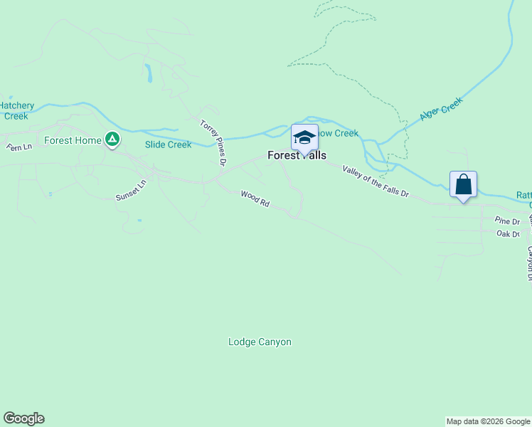 map of restaurants, bars, coffee shops, grocery stores, and more near 9229 Wood Road in Forest Falls