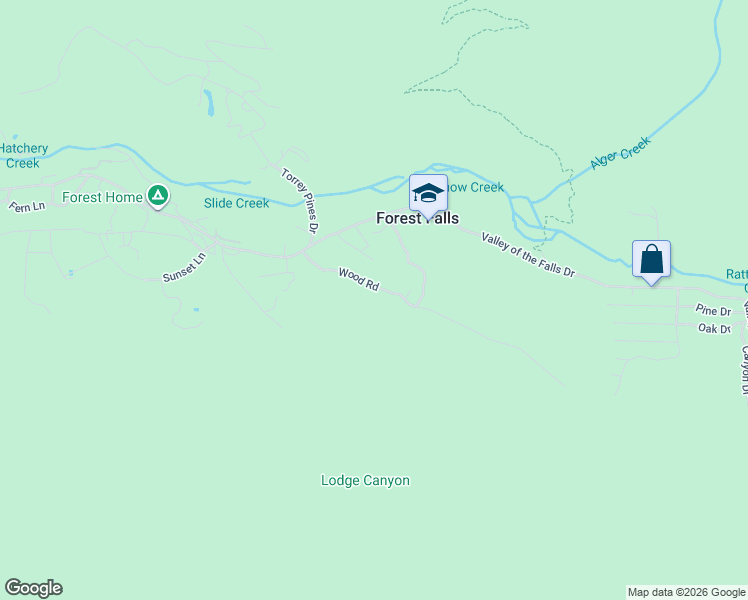map of restaurants, bars, coffee shops, grocery stores, and more near 9226 Wood Road in Forest Falls
