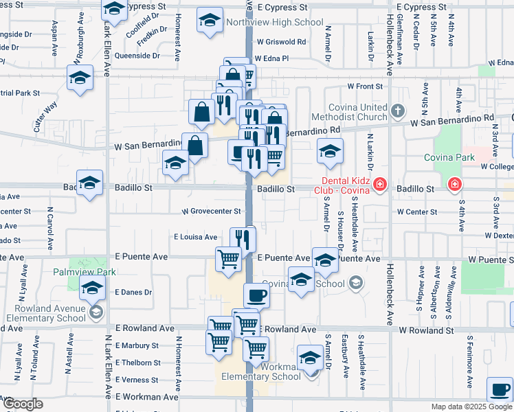 map of restaurants, bars, coffee shops, grocery stores, and more near 838 State Route 39 in West Covina