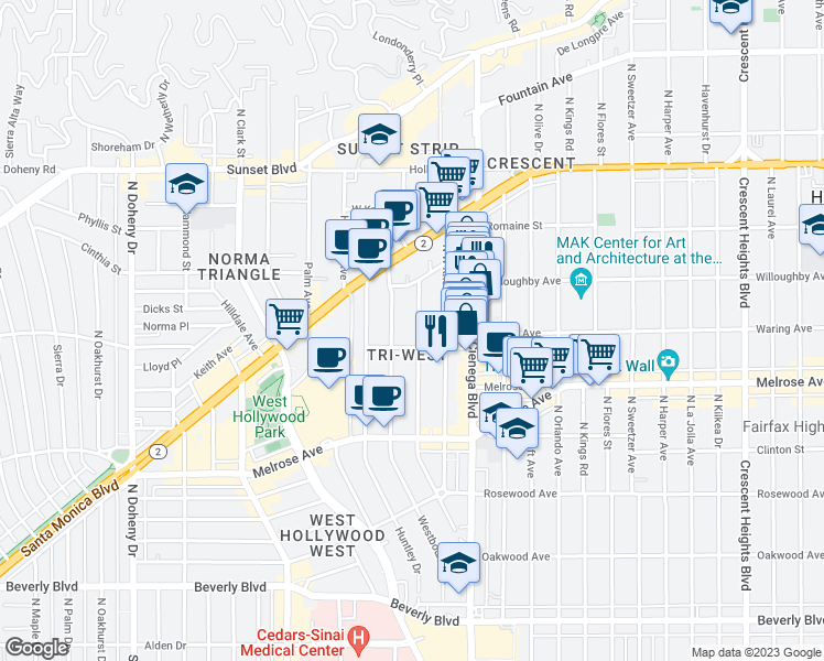 map of restaurants, bars, coffee shops, grocery stores, and more near 819 Westmount Drive in West Hollywood