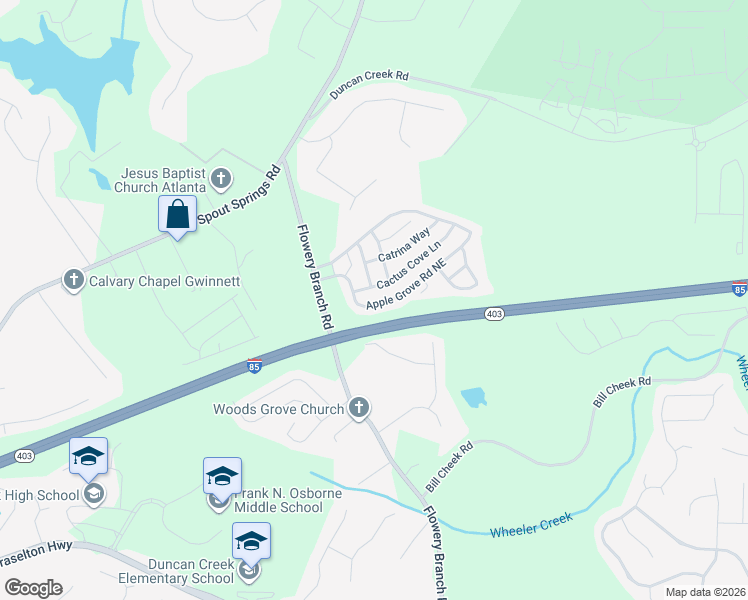 map of restaurants, bars, coffee shops, grocery stores, and more near 5931 Apple Grove Road Northeast in Buford