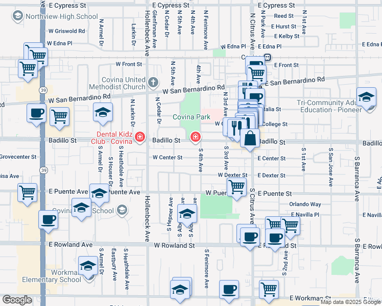 map of restaurants, bars, coffee shops, grocery stores, and more near 329 West Center Street in Covina