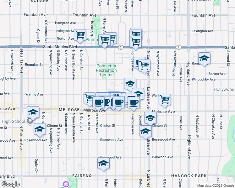 map of restaurants, bars, coffee shops, grocery stores, and more near 824 North Poinsettia Place in Los Angeles