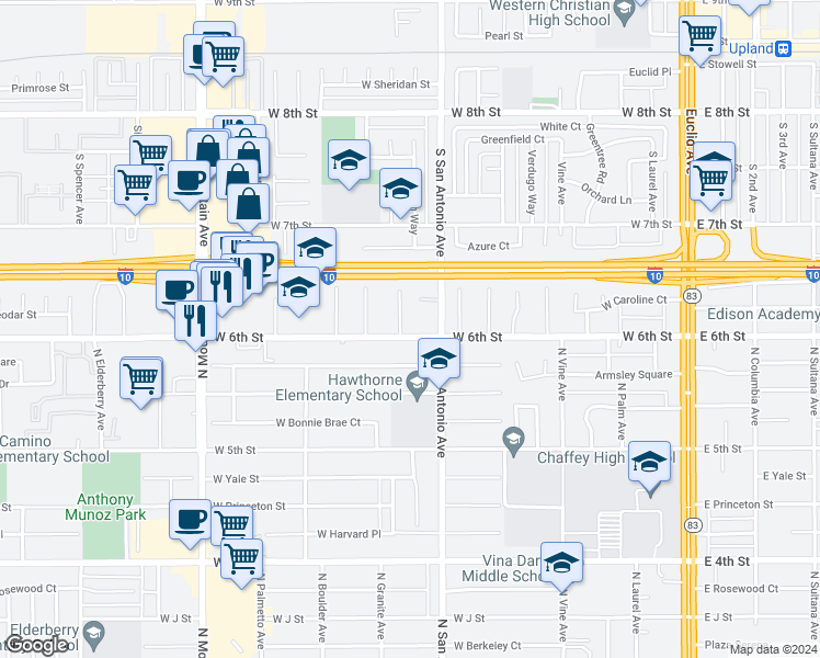 map of restaurants, bars, coffee shops, grocery stores, and more near 740 West 6th Street in Ontario