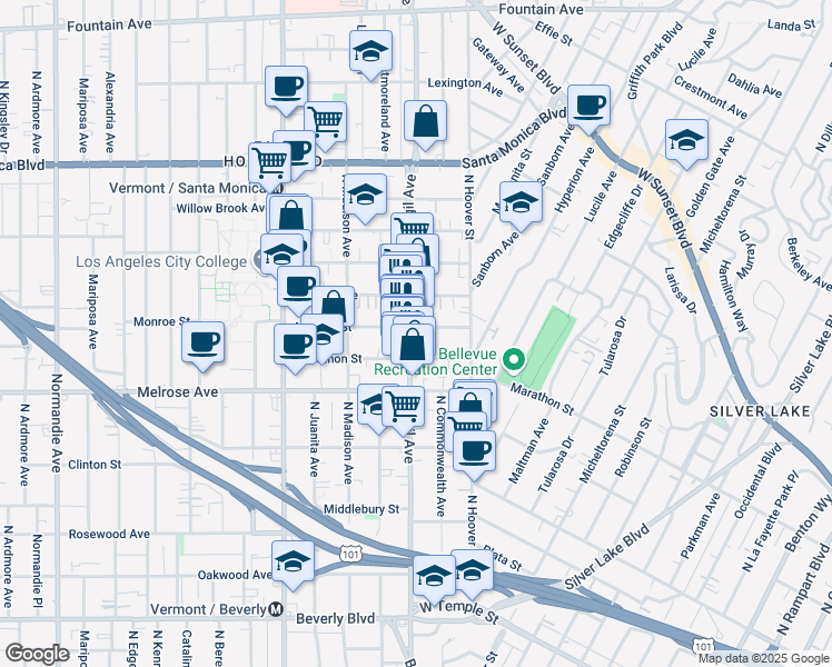 map of restaurants, bars, coffee shops, grocery stores, and more near 811 North Virgil Avenue in Los Angeles