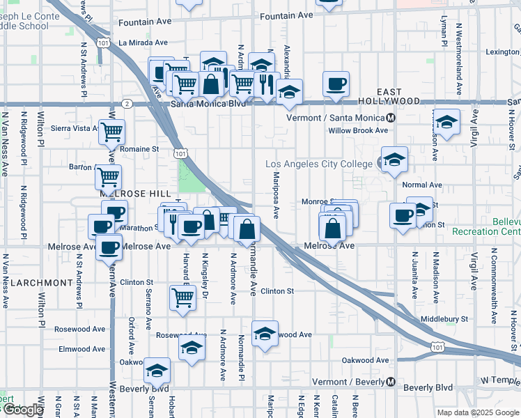 map of restaurants, bars, coffee shops, grocery stores, and more near 816 Normandie Avenue in Los Angeles