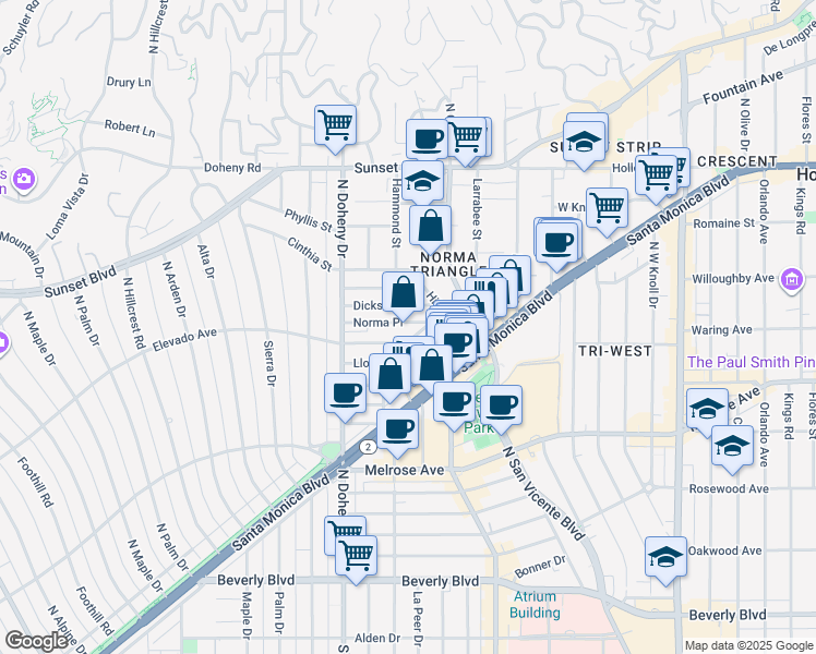 map of restaurants, bars, coffee shops, grocery stores, and more near 8968 Dicks Street in West Hollywood