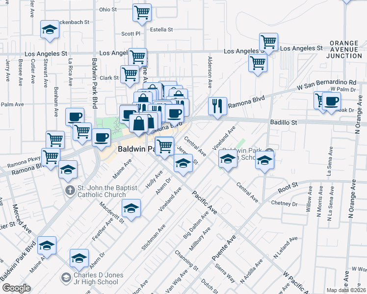 map of restaurants, bars, coffee shops, grocery stores, and more near 14517 Jeremie Street in Baldwin Park
