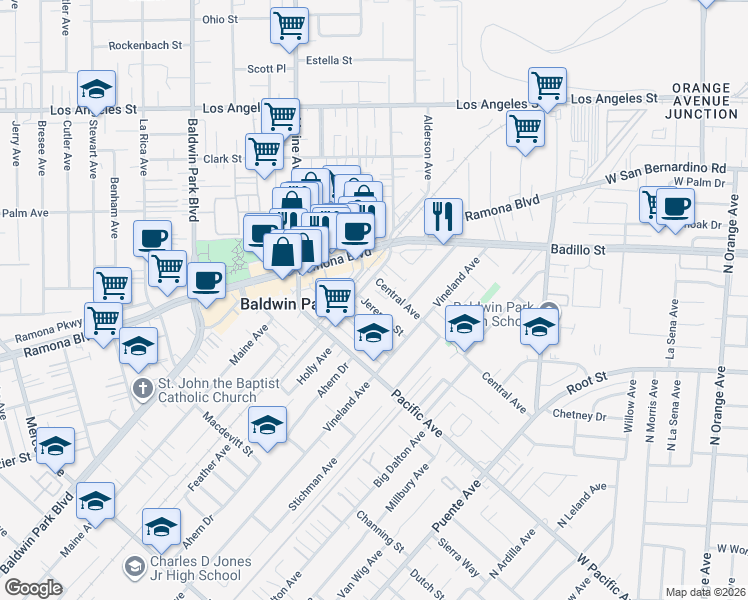 map of restaurants, bars, coffee shops, grocery stores, and more near 14517 Jeremie Street in Baldwin Park