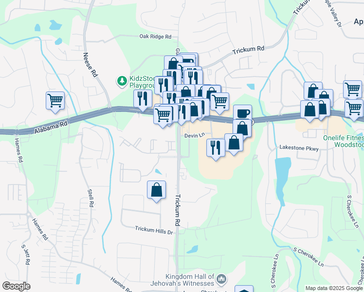 map of restaurants, bars, coffee shops, grocery stores, and more near 3367 Trickum Road in Woodstock