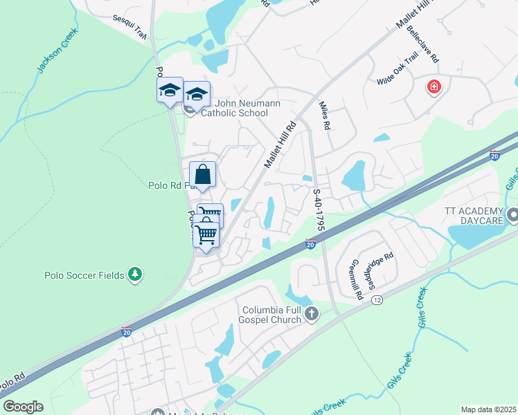 map of restaurants, bars, coffee shops, grocery stores, and more near 751 Mallet Hill Road in Columbia