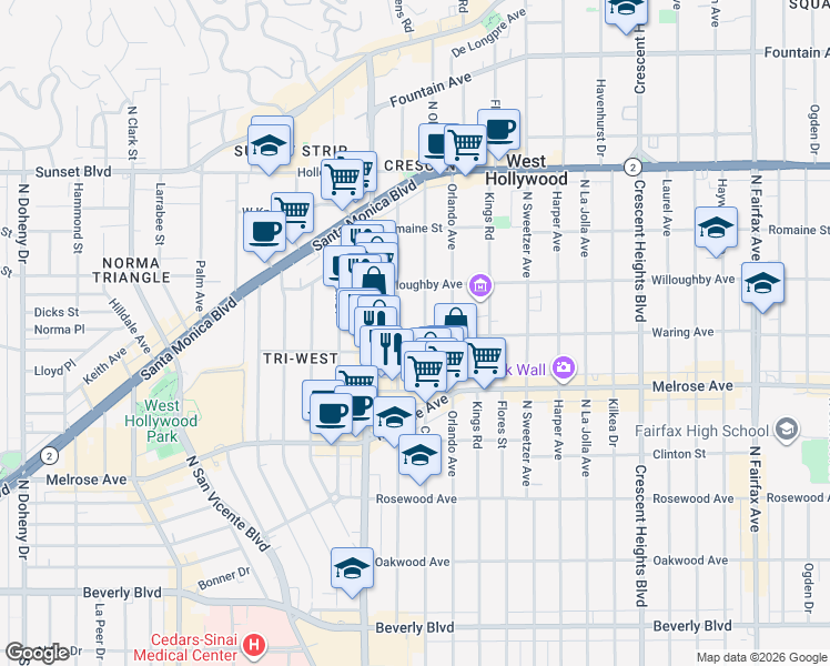 map of restaurants, bars, coffee shops, grocery stores, and more near 822 North Croft Avenue in Los Angeles